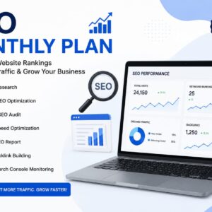Professional SEO Monthly Plan banner featuring a laptop with analytics dashboard, blue growth charts, SEO optimization icons, keyword research tools, and digital marketing elements on a clean modern white and blue background.