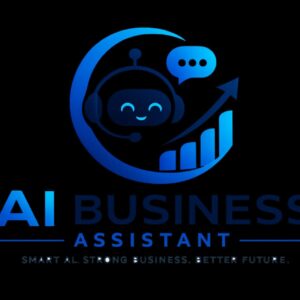 Modern AI Business Assistant logo featuring a futuristic chatbot icon, upward growth chart, business analytics elements, and glowing blue technology accents on a sleek professional background.