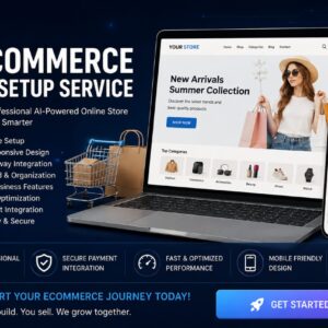 AI Ecommerce Store Setup Service promotional banner featuring a modern dark-blue futuristic design with a laptop and smartphone displaying an online shopping store interface. The banner includes AI business branding, ecommerce features like payment gateway integration, responsive design, SEO optimization, WhatsApp integration, and secure checkout setup. Professional digital marketing style with glowing tech elements, shopping cart graphics, and a call-to-action button saying “Get Started Now.”