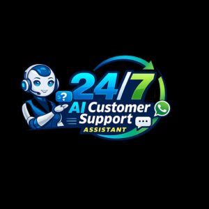 24/7 AI Customer Support Assistant logo with smart chatbot robot, WhatsApp support, and automated customer service system for online business