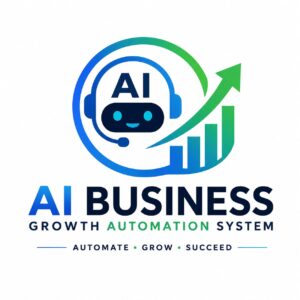 A modern AI business logo featuring a circular design with a friendly robot face wearing a headset inside a speech bubble. The icon includes an upward growth arrow and bar chart symbolizing business growth. The text “AI BUSINESS” and “GROWTH AUTOMATION SYSTEM” appears below in a clean, professional font with blue and green gradient colors representing technology and growth.