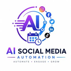Modern AI social media automation logo featuring smart scheduling, automated content management, social platform integration, and digital marketing technology