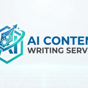 AI Content Writing Service logo featuring a modern pen and digital AI circuit design in blue and purple gradient, representing smart AI-powered content creation.